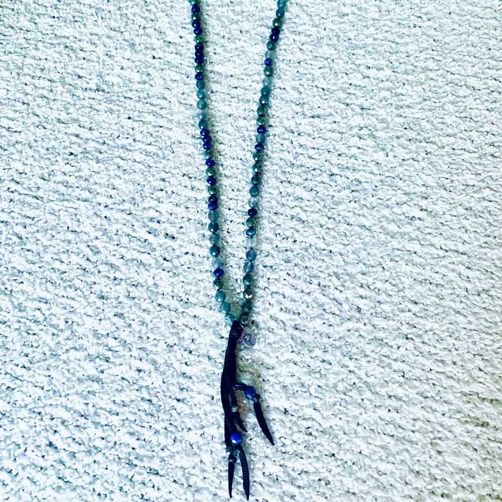 Chan Luu Beaded Stone Leather Tassel Strand Necklace, 37" Blue Agate Mix Mala